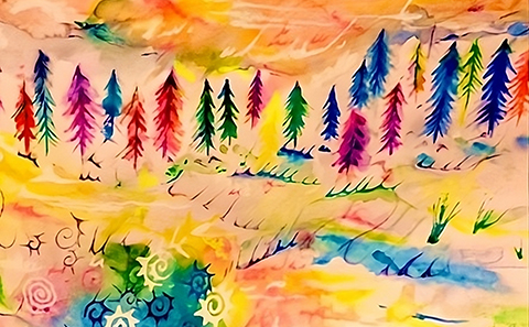 Artist painting of colourful trees